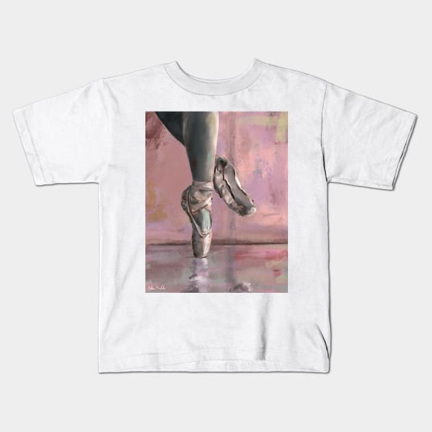 Ballet Shoes Painting in Pink Salmon Background Kids T-Shirt by ibadishi